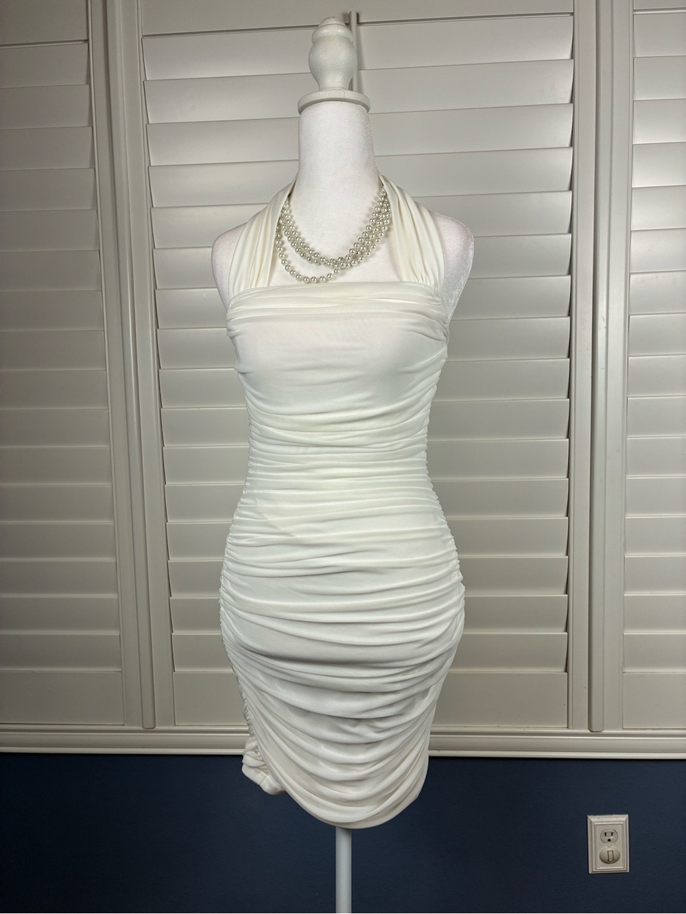 SHEIN White Ruched Halter Bodycon Mini Dress Stretch Cocktail  Coquette Size S